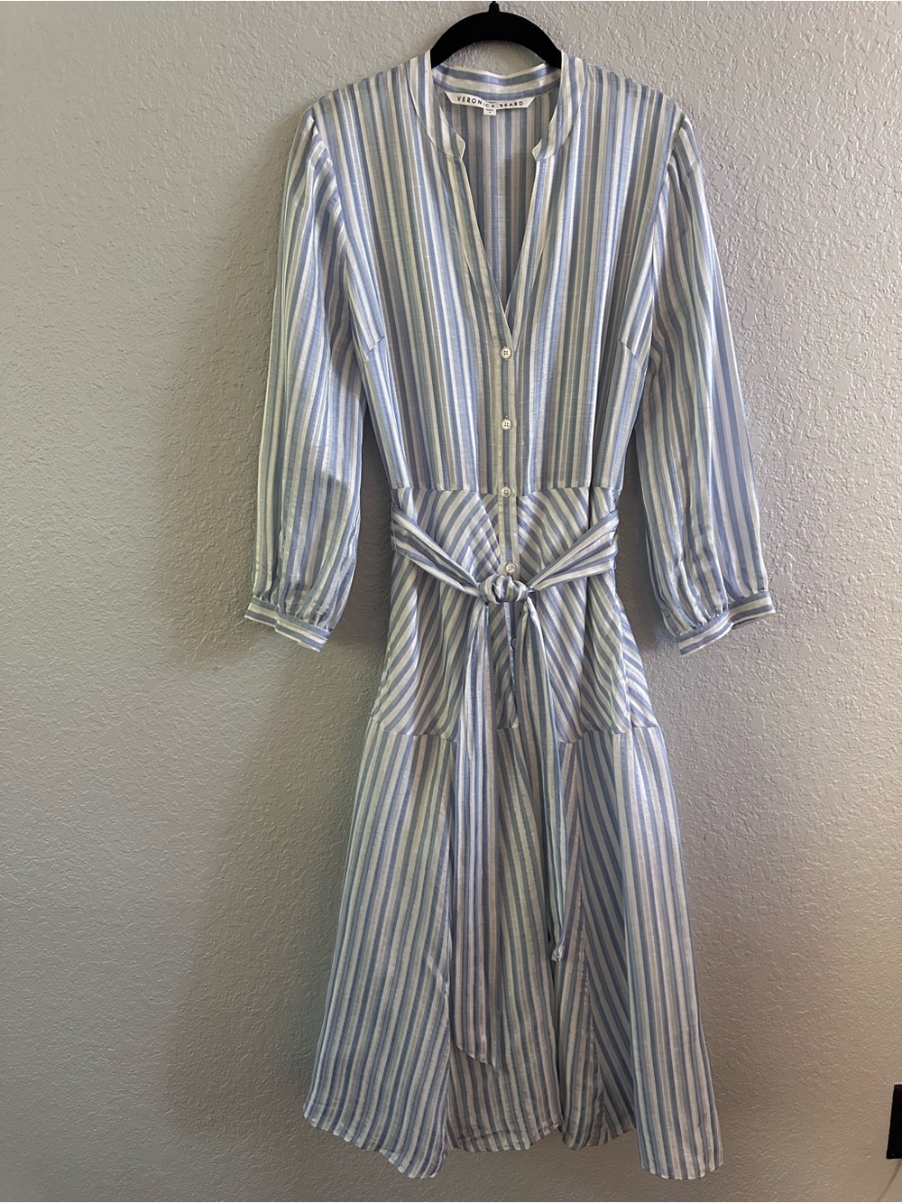Veronica Beard Jenna Tie Waist Linen Silk Stripe Midi Dress Size 8 Blue White - Picture 3 of 16